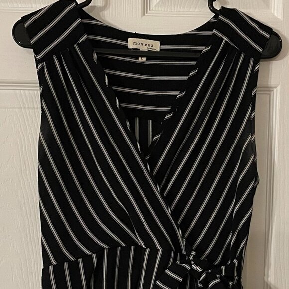 Monteau Women’s Black Striped Faux Wrap Dress Knee V Neck - Picture 1 of 5